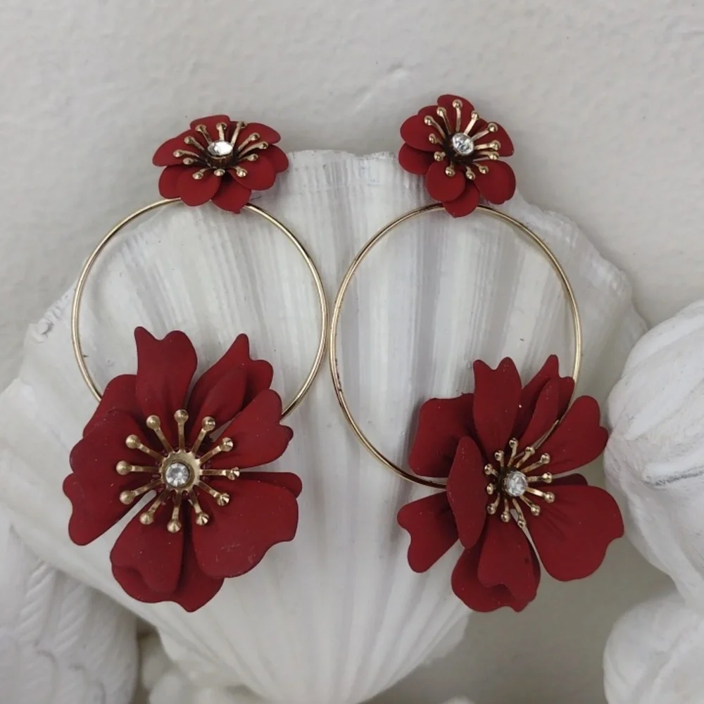 Red Flower Hoop Earrings bold red